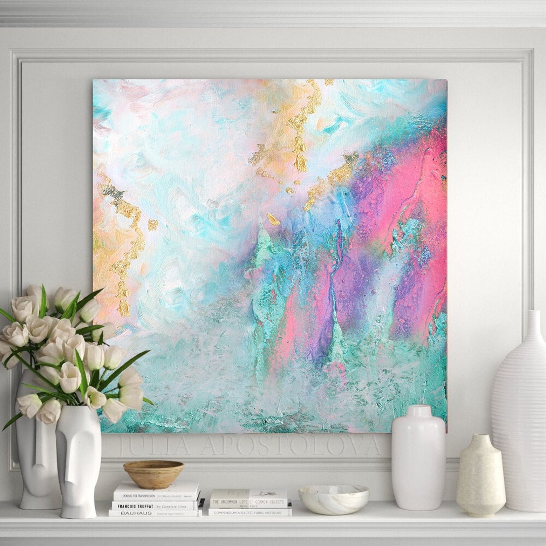 Teal Gold and Pink Abstract Art Large Gold Leaf Art Painting - Etsy