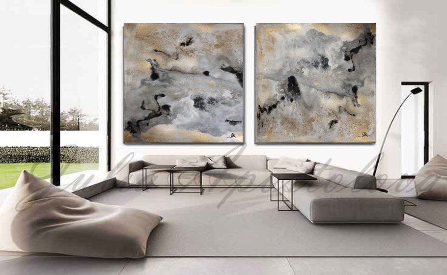 Huge Wall Art Gold Leaf Painting Set of 2 Wall Decor Gold Leaf Abstract ...
