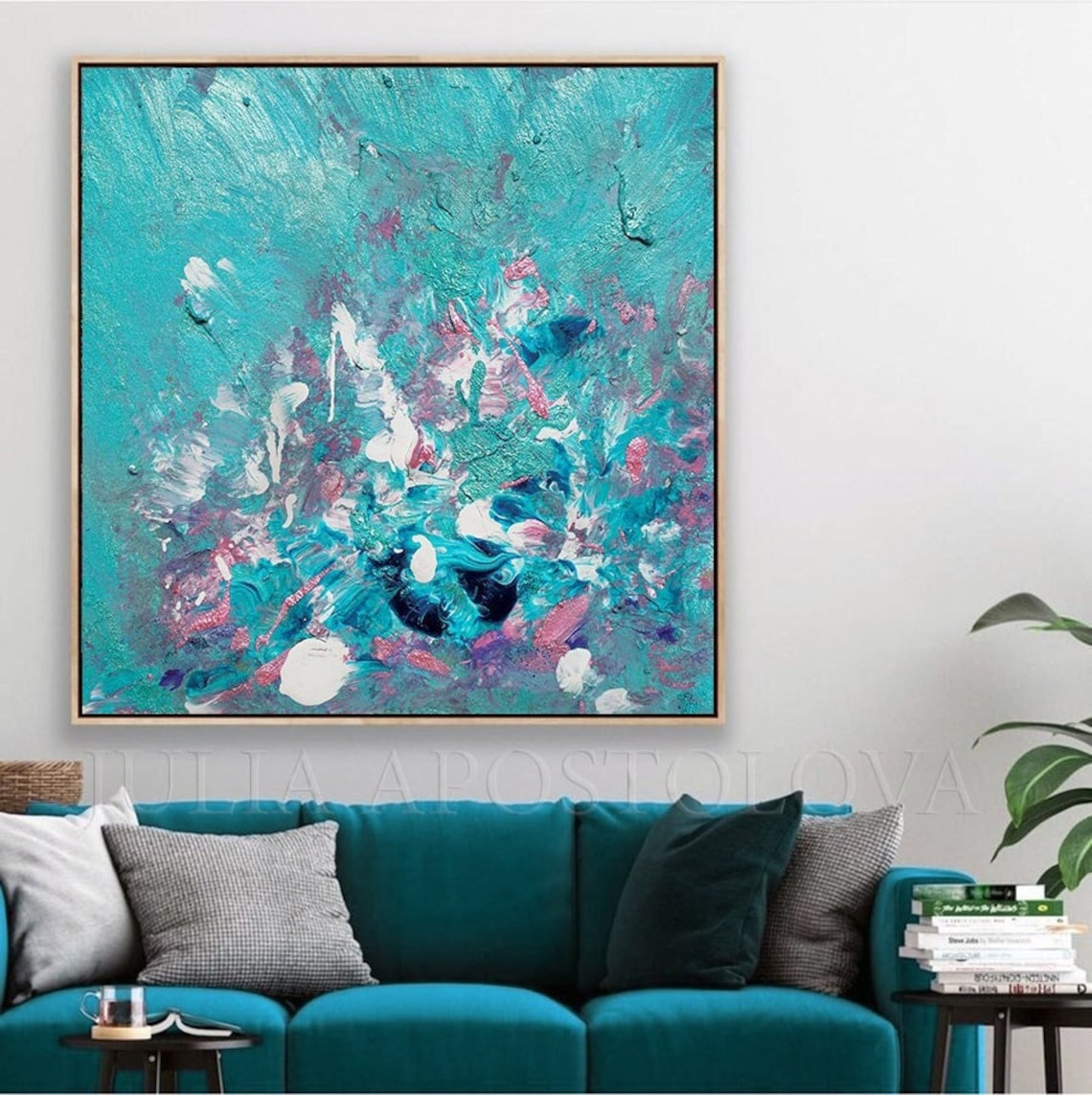 Teal Floral Wall Art Turquoise Blush Pink Abstract Painting Etsy