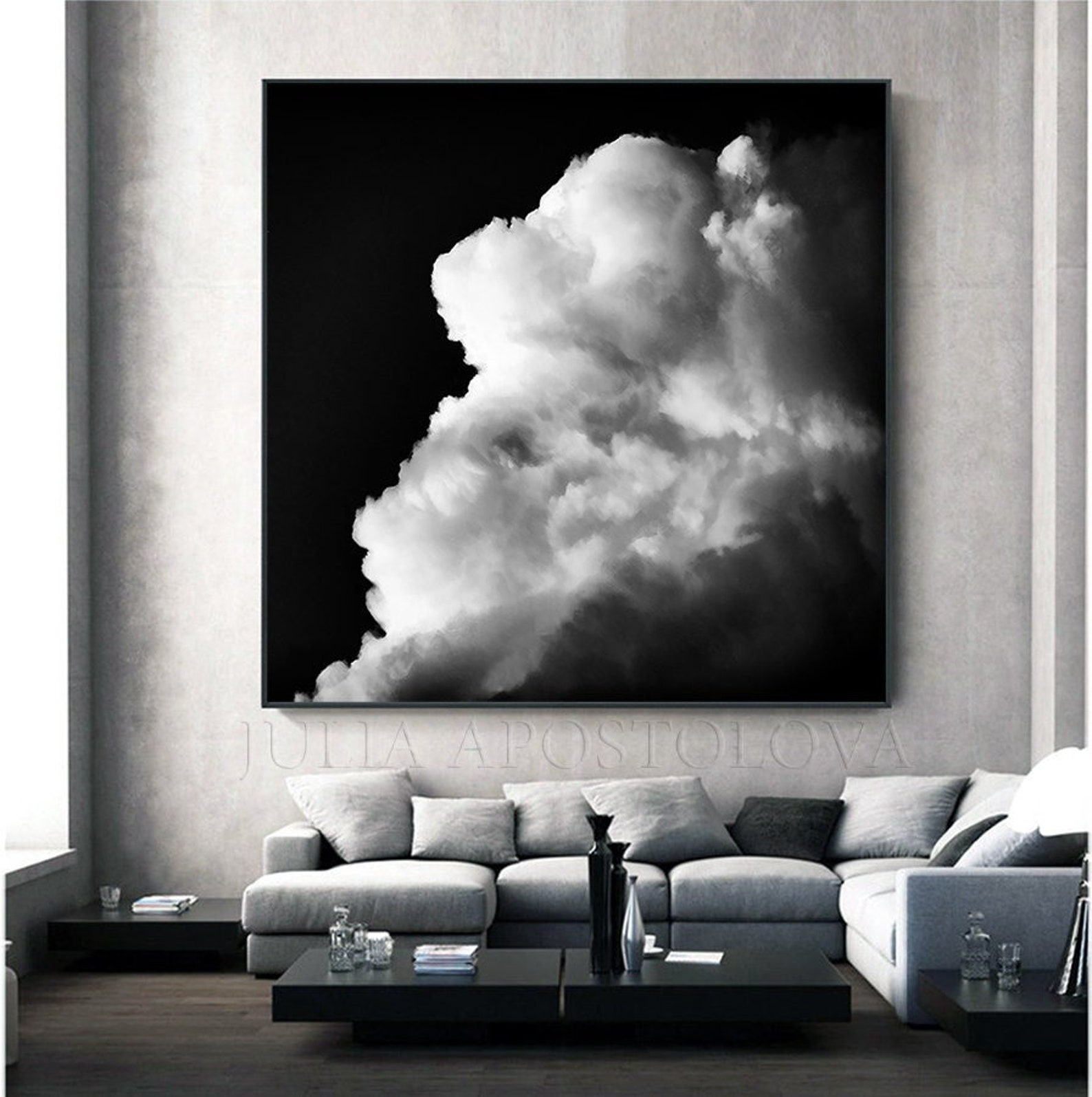 Black White Wall Art Large Cloud Painting Print Minimalist Art Abstract ...