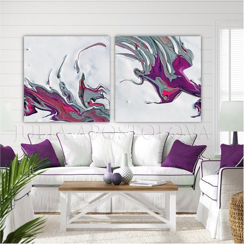 Large Abstract Canvas Art Modern Wall Art Print Set in White Purple Elegant Living Room Decor image 4