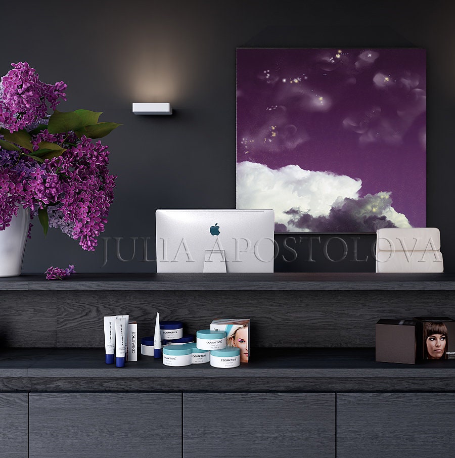 Dark Purple Wall Art Cloud Painting Large Wrapped Canvas Etsy