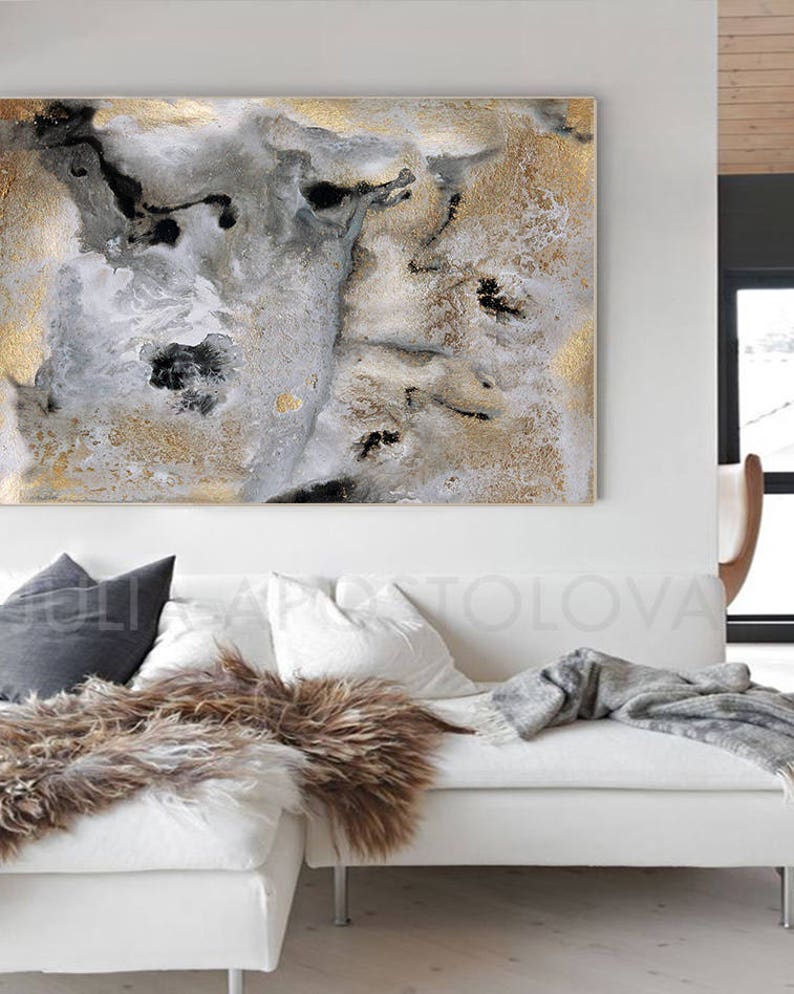 Grey and Gold Wall Art, Black Gold Print, Contemporary Art Abstract Painting, Gold Leafing, Wall Art Canvas, Watercolors Print, Modern Décor image 2