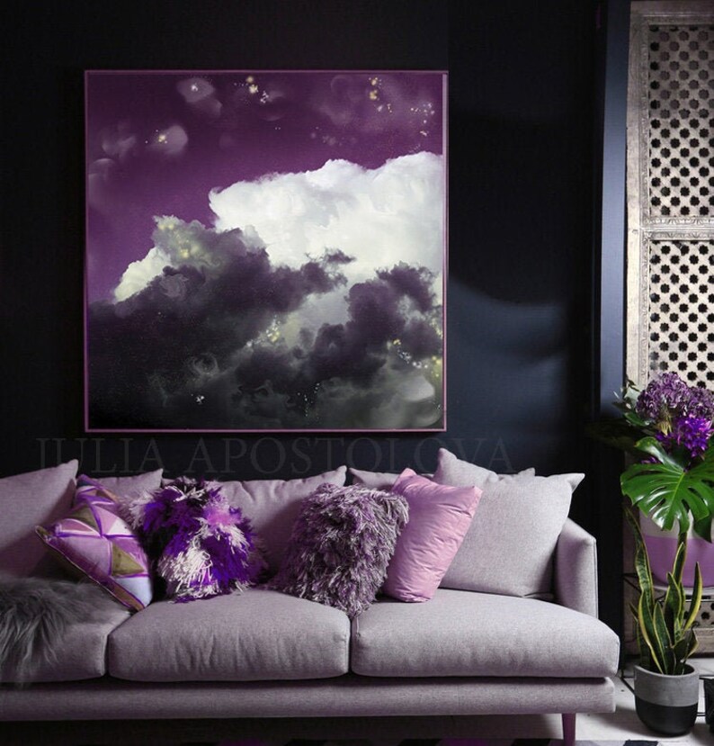 Mauve Wall Art Cloud Painting Large Canvas Dark Purple Etsy