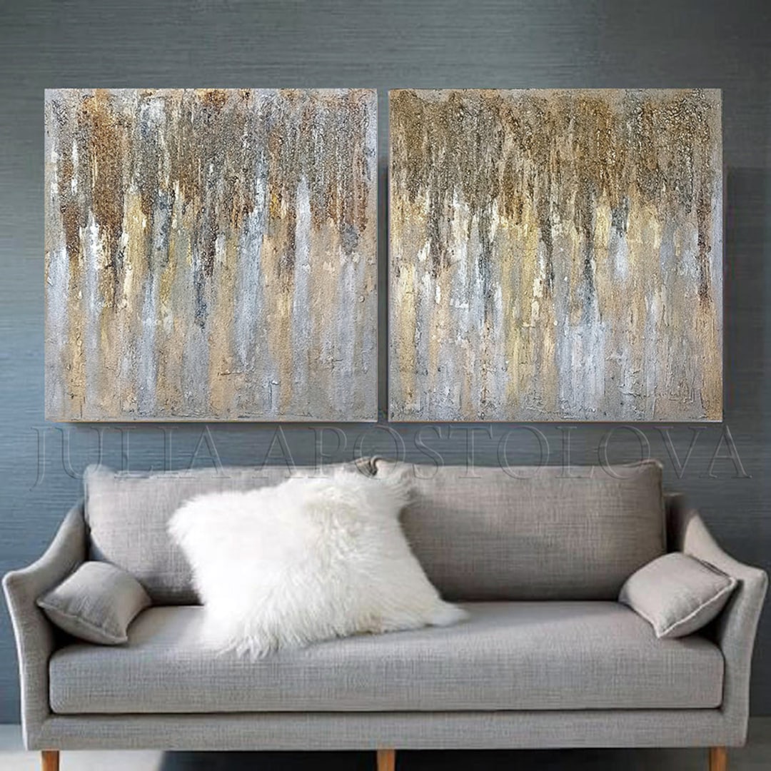 Gray Gold Wall Art 3d Original Painting Set of 2 Wall Decor Gold Leaf