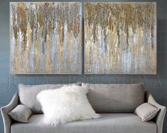 Gray Gold Wall Art 3d Original Painting Set of 2 Wall Decor Gold Leaf Abstract Textured Large Art Luxury Glam Wall Art by Julia Apostolova