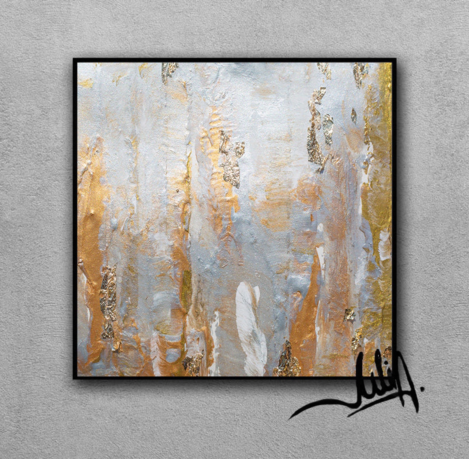 Gray Gold Wall Art Gold Leaf Original Painting Elegant Etsy