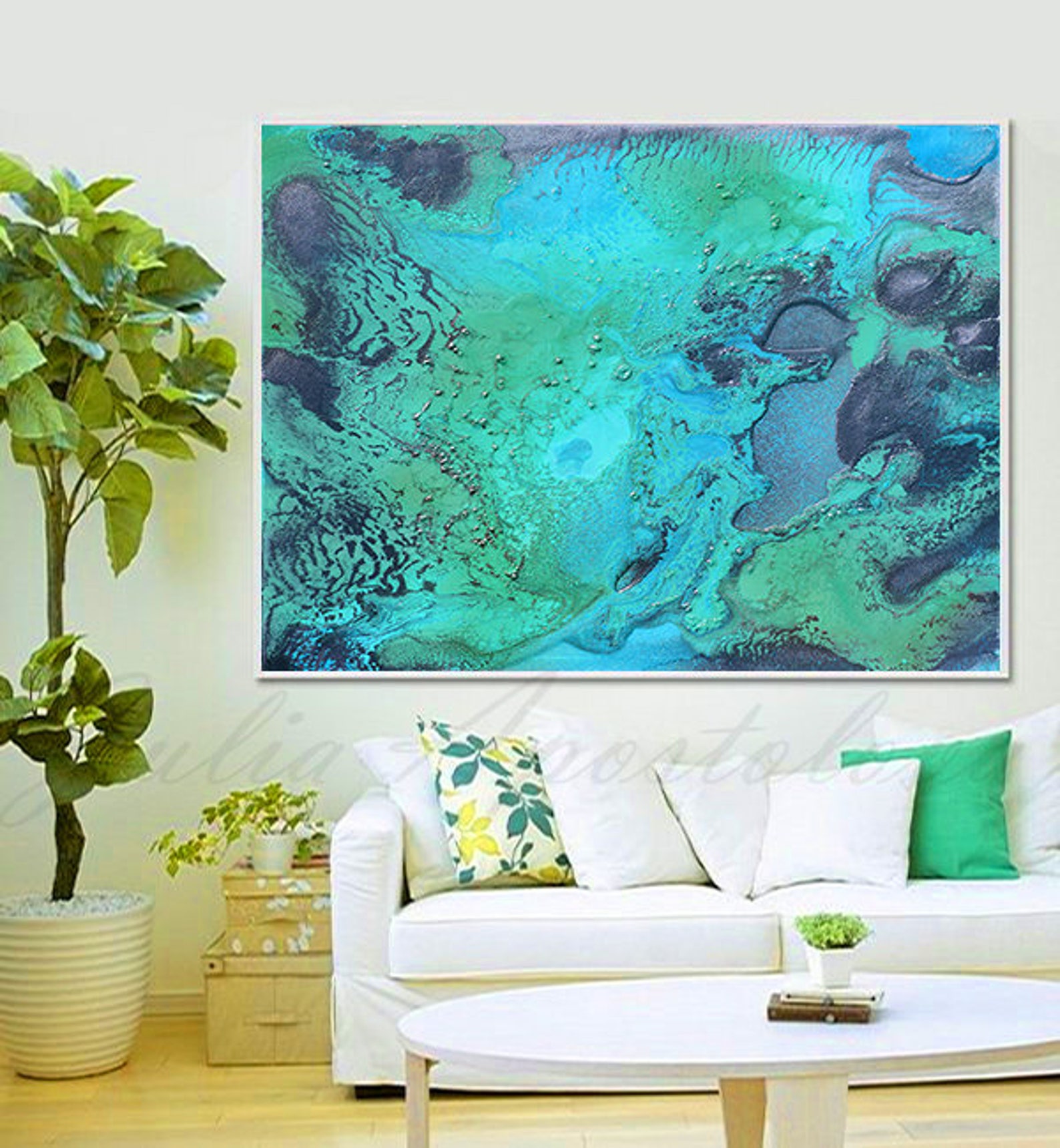 Turquoise Print Aqua Wall Art Abstract Painting Tropical | Etsy