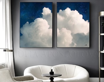 CLOUD PAINTING Midnight Blue White Clouds and Stars Wall Art Set Minimalist Art Prints of Celestial Abstract Paintings for Aesthetic Decor