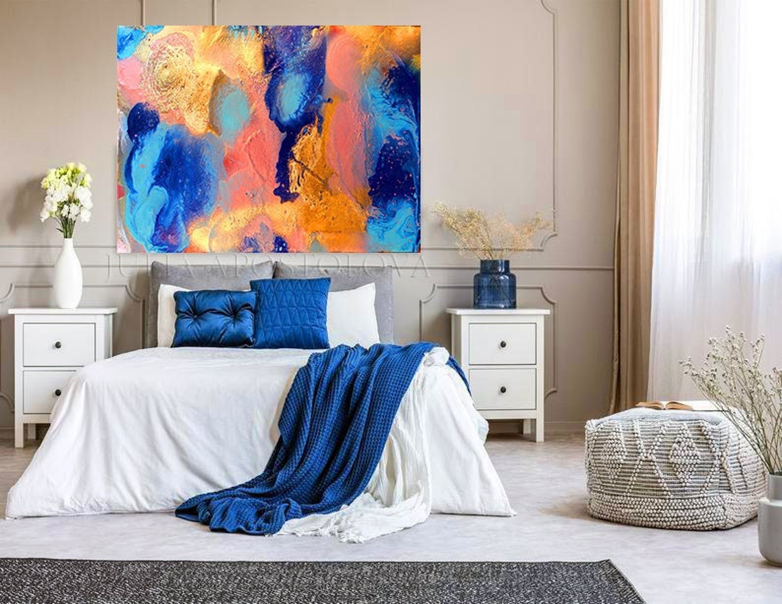 Large Blue Art Abstract Painting Ocean Wall Art Gold Etsy