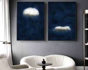 Navy Blue Wall Art Set, Cloud Paintings, Dark Blue Sky, Minimalist Art, Extra Large Prints, Gift for Him, Trend Wall Decor