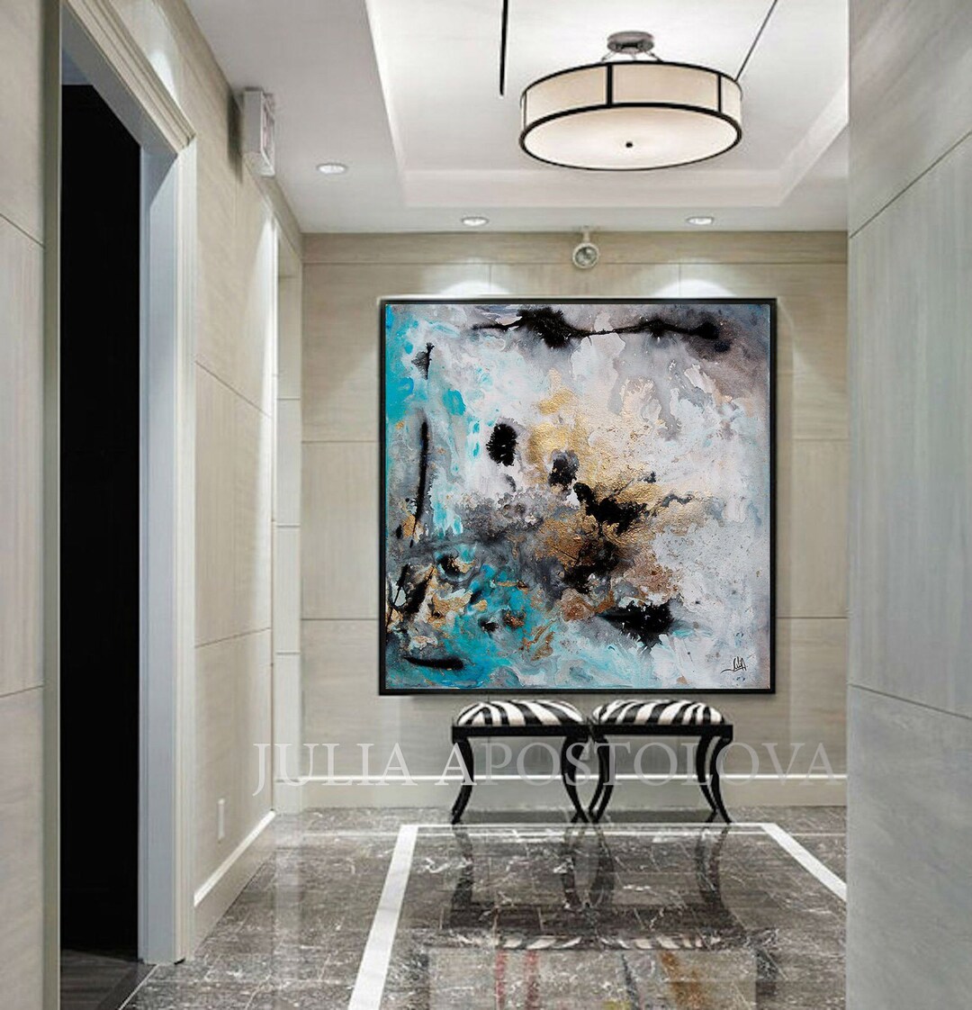 Gray Wall Art Gold Leaf Abstract Painting Black Gold Artwork, Teal ...