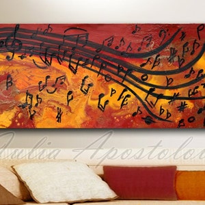 Abstract Print, Musical Notes, Music painting, Abstract music art print, Modern Art Print on Canvas, Orange, Yellow, Black, Large Wall Decor image 1