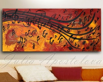 Abstract Print, Musical Notes, Music painting, Abstract music art print, Modern Art Print on Canvas, Orange, Yellow, Black, Large Wall Decor