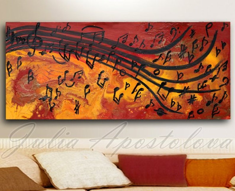 Abstract Print, Musical Notes, Music painting, Abstract music art print, Modern Art Print on Canvas, Orange, Yellow, Black, Large Wall Decor image 1