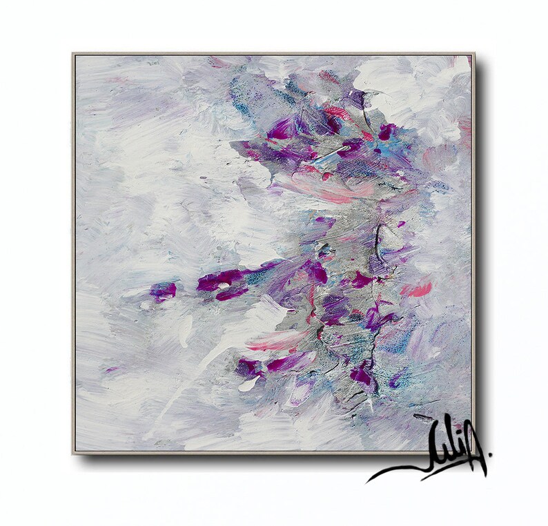 Minimalist Painting Floral Abstract Wall Art White Purple and Silver Landscape ART Gift for Her 'Morning Glory'' by Artist Julia Apostolova image 9