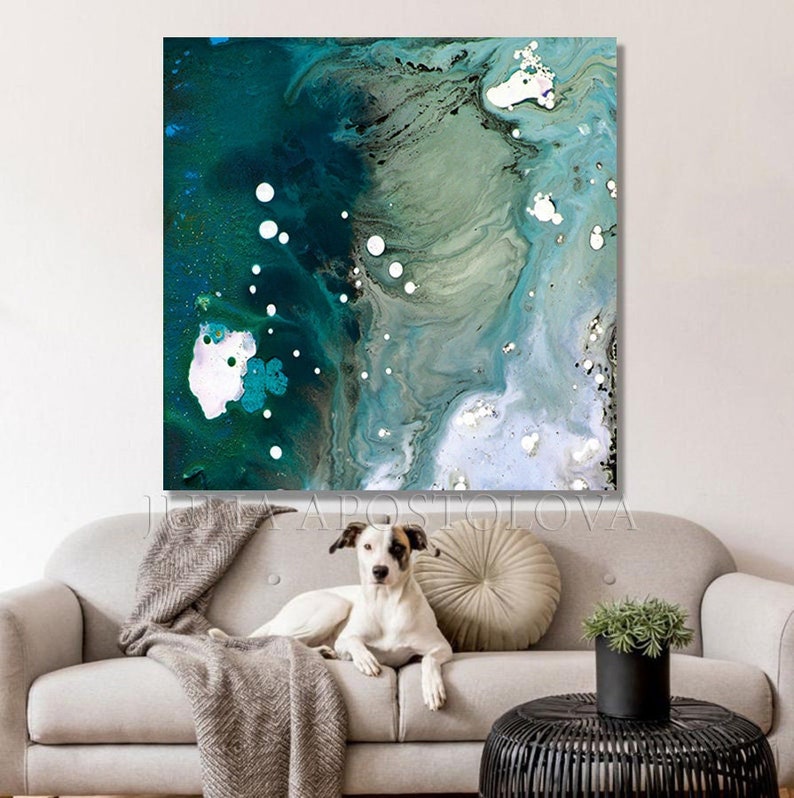 Teal Abstract Sea Painting Large Minimalist Art for Living Room Decor Blue Emerald Wall Art Pacific Velvet image 1