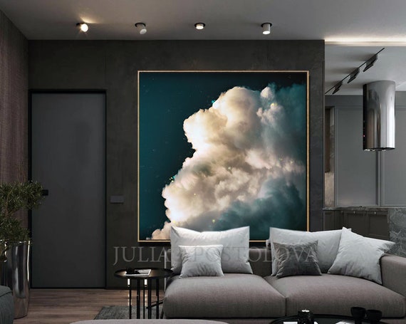 Cloud Canvas Painting Print Dark Teal Wall Art for Modern