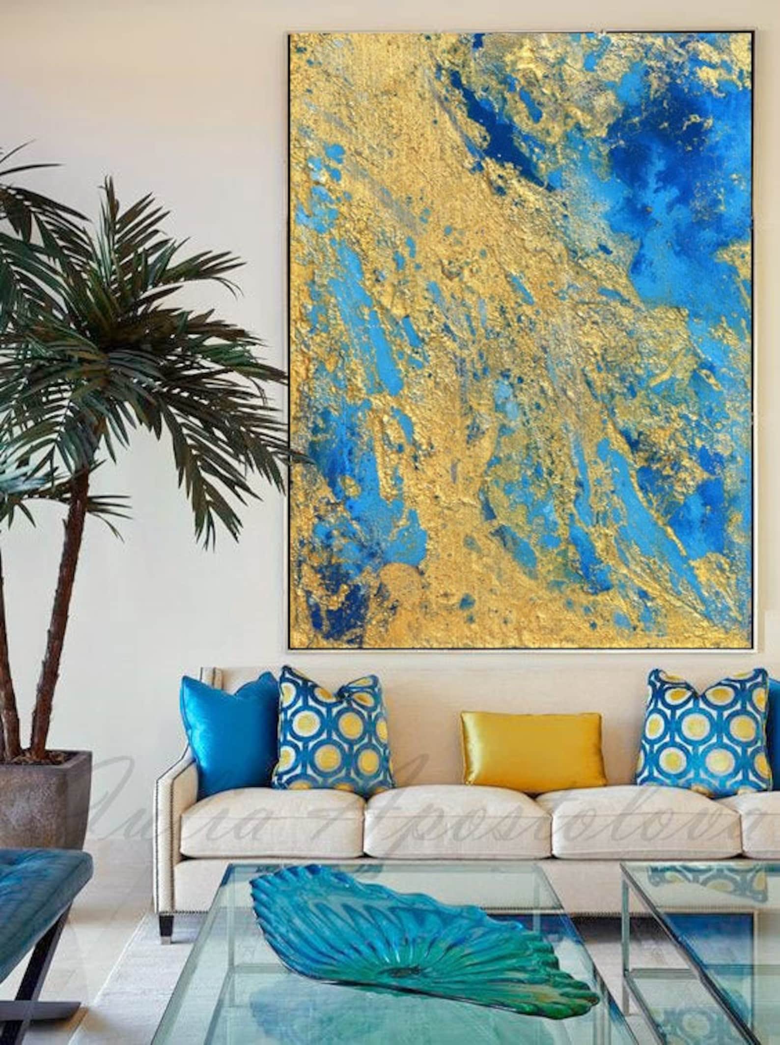 Abstract Art Blue and Gold Wall Art Coastal Landscape Etsy