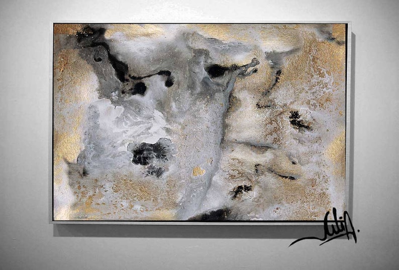 Arte de pared gris y dorado, impresión de oro negro, pintura abstracta de arte contemporáneo, pan de oro, lienzo de arte de pared, impresión de acuarelas, decoración moderna imagen 4