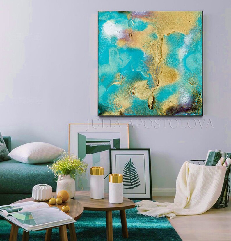 50'' Turquoise Abstract Art Teal Gold Wall Art Etsy