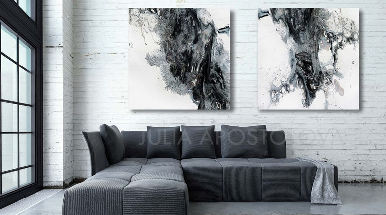 45x45'', Black and White Watercolour Painting, Abstract Print, Large Wall Art, Canvas Art Abstract, Black White Print, Modern Wall Decor image 6