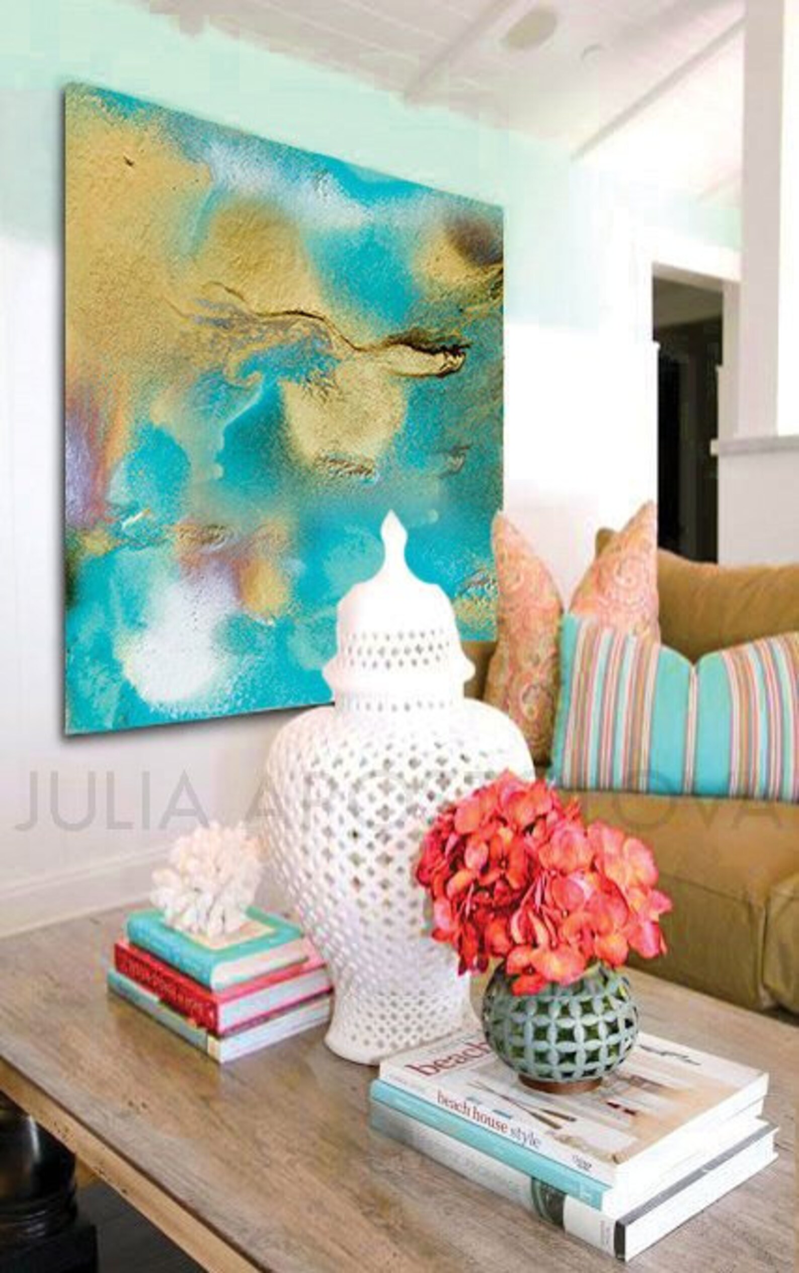 50'' Turquoise Abstract Art Teal Gold Wall Art Etsy