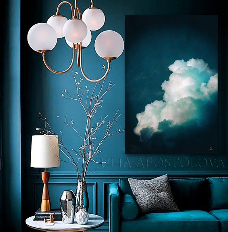 Cloud Painting Print, Dark Teal Wall Art for Trending Decor, Large Wall Art, Minimalist Painting Cloud Canvas Art Gift by Julia Apostolova image 4