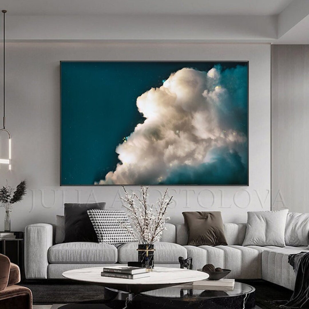 Cloud Art Canvas, Dark Teal Wall Art, Minimalist Painting, Extra Large