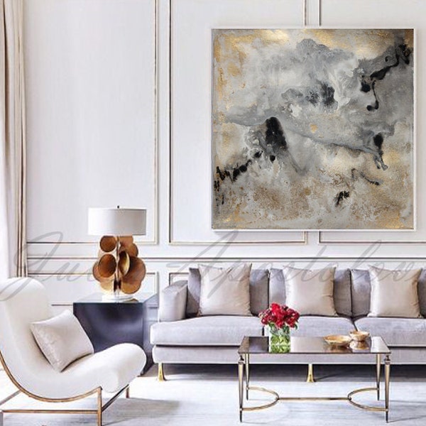 Watercolor Abstract Painting, Contemporary Art Print, Huge Wall Art, Gold and Black Decor, Large Painting ''Milky Way'' by Julia Apostolova