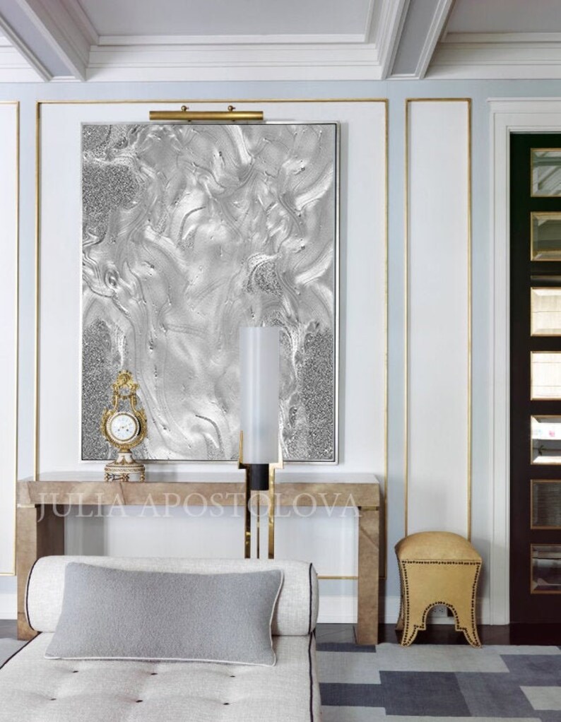 Grey Wall Art Silver Embellished Grey Canvas With Metallic Etsy UK