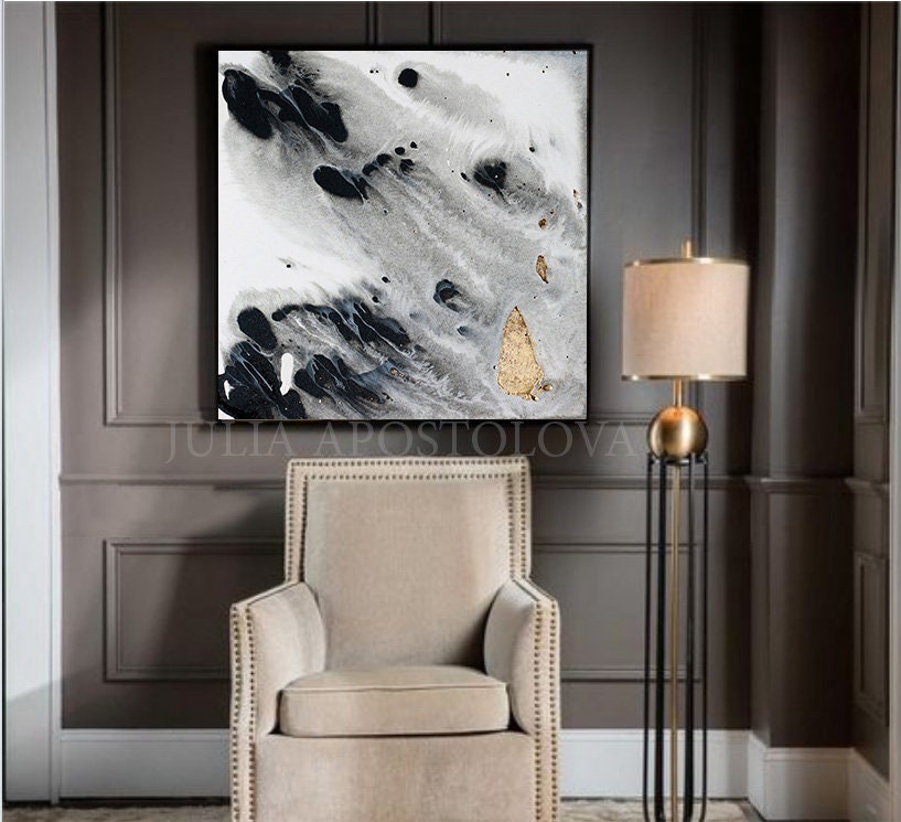 48'' Gray Gold Wall Art Black White Gold Leaf Etsy