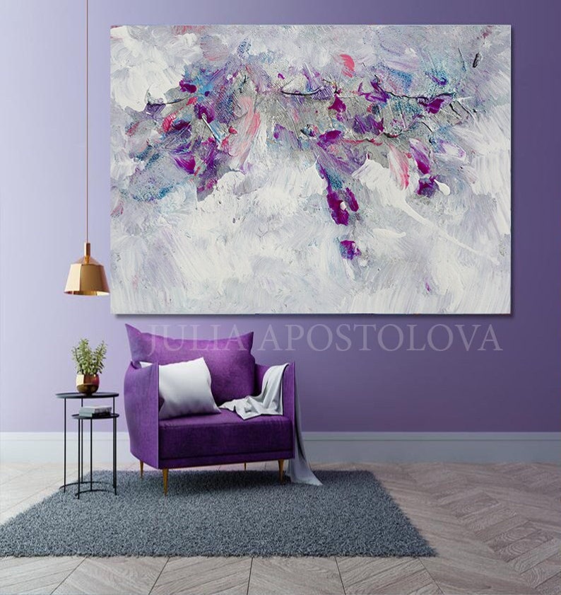 Minimalist Painting Floral Abstract Wall Art White Purple and Silver Landscape ART Gift for Her 'Morning Glory'' by Artist Julia Apostolova image 1