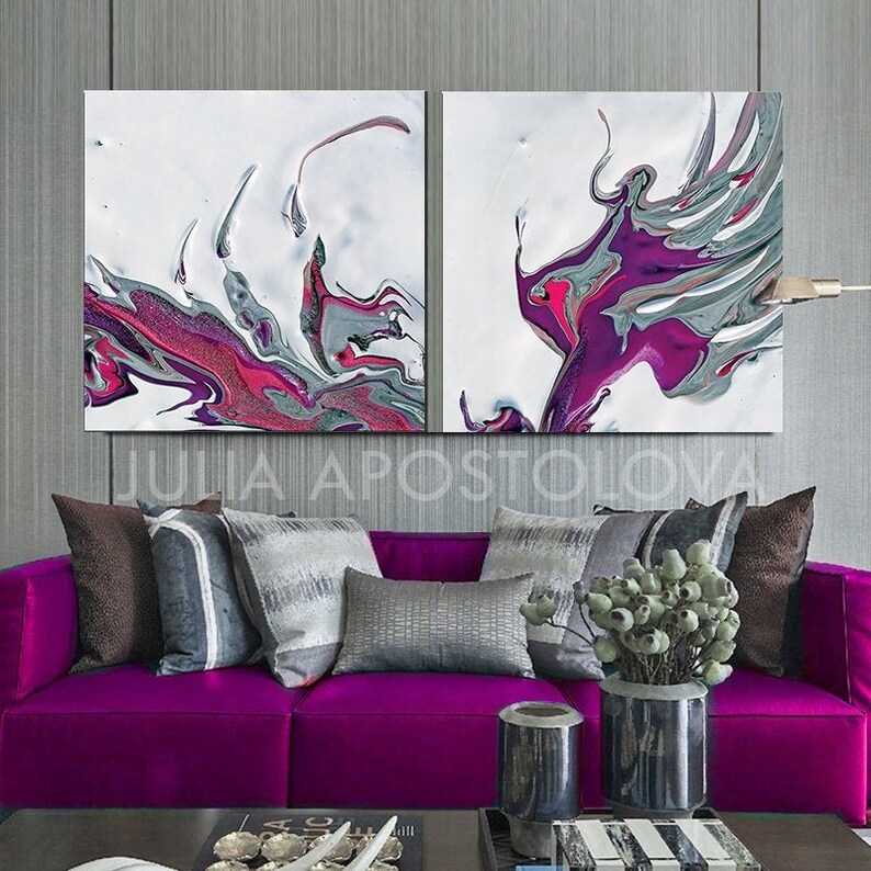 Large Abstract Canvas Art Modern Wall Art Print Set in White Purple Elegant Living Room Decor image 7