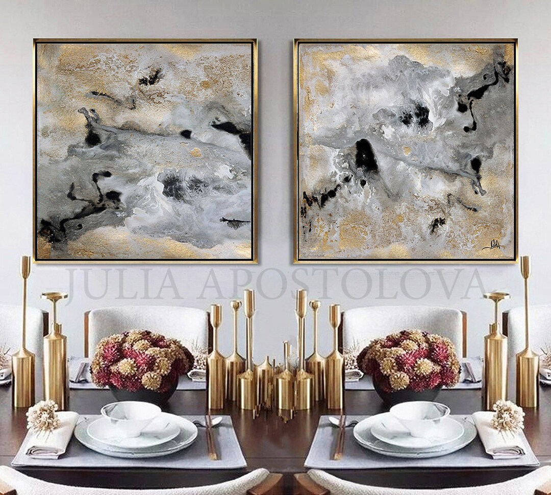 Luxury Art, Gold Leaf Paintings, Gray Gold Wall Art, Huge Wall Art