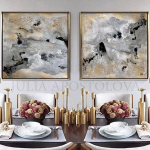 Luxury Art, Gold Leaf Paintings, Gray Gold Wall Art, Huge Wall Art, Luxury Interior, Framed Canvas Large Art 'Milky Way' by Julia Apostolova image 1