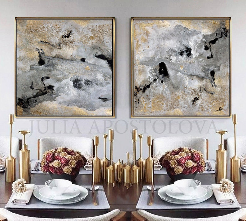Luxury Art, Gold Leaf Paintings, Gray Gold Wall Art, Huge Wall Art, Luxury Interior, Framed Canvas Large Art 'Milky Way' by Julia Apostolova image 1