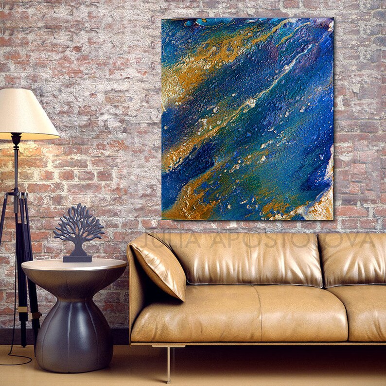 Navy and Gold Art Gold Leaf Abstract Canvas Art Print Navy Etsy