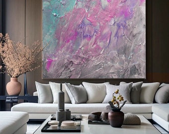 Large Abstract Art, Silver Pink and Teal, Original Painting, Canvas Print, Modern Art for Living Room Wall Decor, Gray Purple Art, by Julia