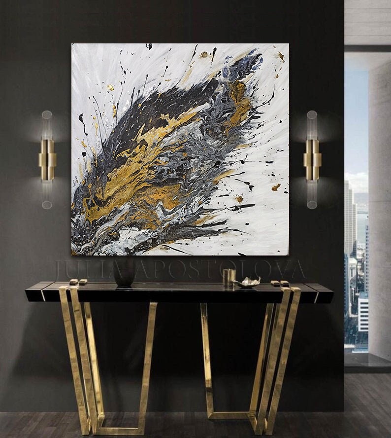 Black White Gold Leaf Art, ORIGINAL PAINTING, Abstract Painting, Gold Silver Leaf Art Extra Large Art Contemporary Art Luxury Wall Art Decor image 4