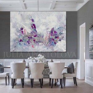 Minimalist Painting Floral Abstract Wall Art White Purple and Silver Landscape ART Gift for Her 'Morning Glory'' by Artist Julia Apostolova image 3
