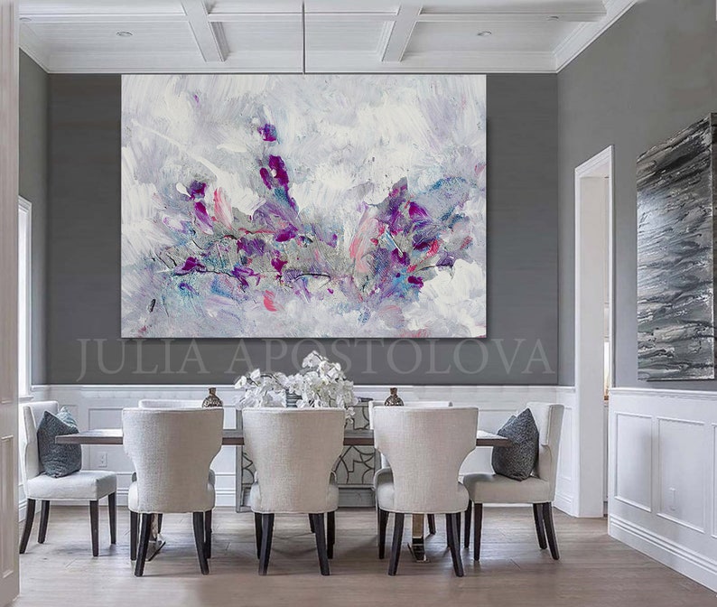 Minimalist Painting Floral Abstract Wall Art White Purple and Silver Landscape ART Gift for Her 'Morning Glory'' by Artist Julia Apostolova image 3