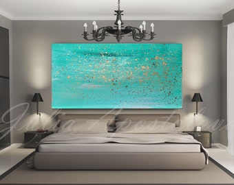 Turquoise Painting, Minimalist Canvas Wall Art, Turquoise Home Decor Art, Turquoise and Gold Shining Accents, Watercolour Abstract Beach Art