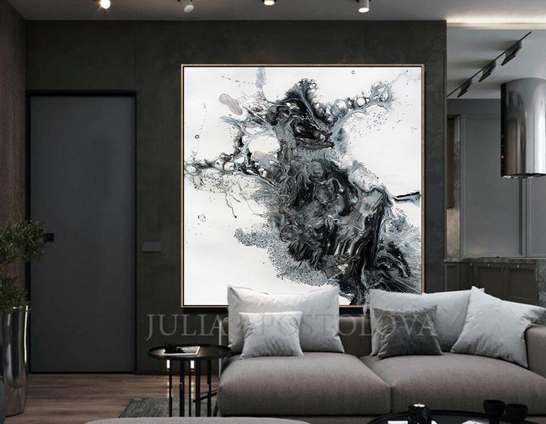 45x45'', Black and White Watercolour Painting, Abstract Print, Large Wall Art, Canvas Art Abstract, Black White Print, Modern Wall Decor image 1