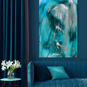 Teal Abstract Art, Turquoise Painting, Teal Silver Canvas Art Print, for Modern Wall Decor, Coastal Living Room Decor, by Julia Apostolova image 4