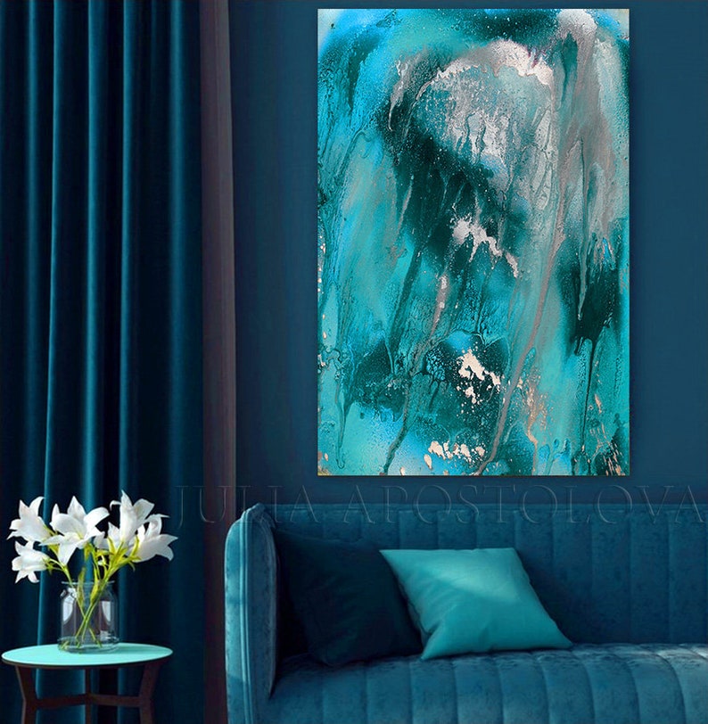 Teal Abstract Art, Turquoise Painting, Teal Silver Canvas Art Print, for Modern Wall Decor, Coastal Living Room Decor, by Julia Apostolova image 4