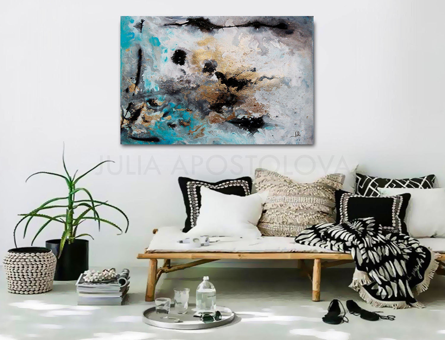 Rectangle Wall Art Gray Black Gold Teal Large Abstract Etsy