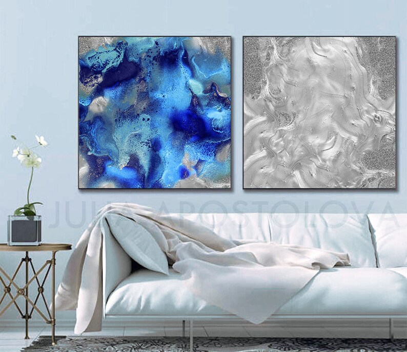 Silver Navy Blue Wall Art MINIMALIST PAINTING Large Set of Etsy