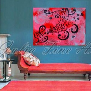Abstract art music notes print on large canvas from Original Music Painting, pink black art wall decor, abstract music print, Gift for Her image 6