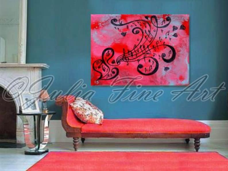 Abstract art music notes print on large canvas from Original Music Painting, pink black art wall decor, abstract music print, Gift for Her image 6